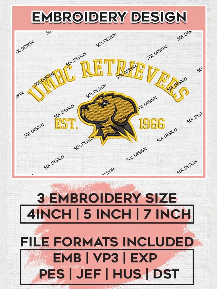 UMBC Retrievers Est 1966 Logo Embroidery Designs, NCAA UMBC Retrievers Team Embroidery, NCAA Team Logo, 3 sizes, Machine embroidery Files, Digital Download