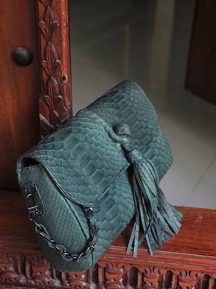Genuine Python Skin Clutch with tassel |women purse | exotic leather bags | dark green evening clutch | designer crossbody bag handmade