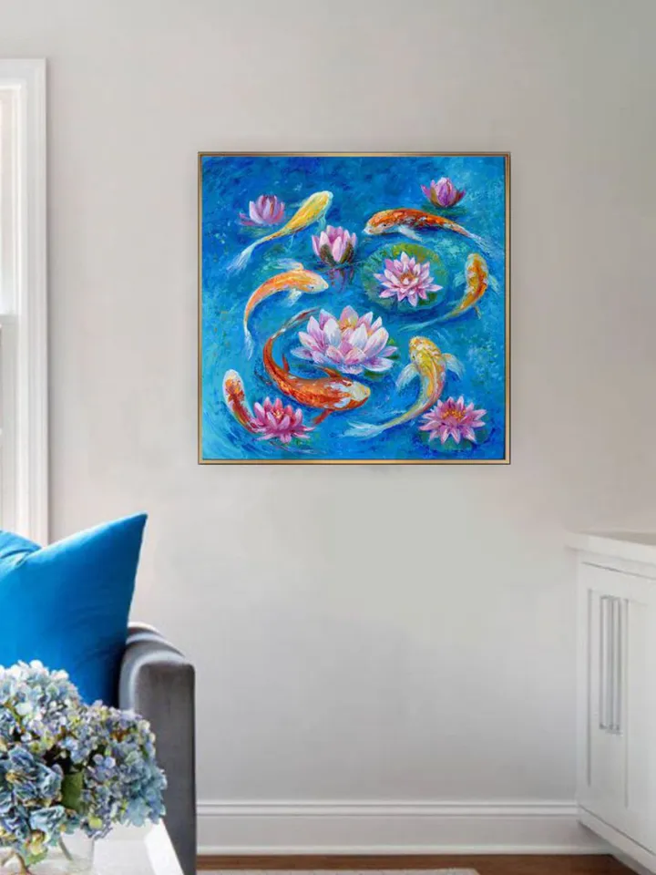 Koi Painting Original Art Fishes in the pond artwork 24 by 24 inch Water lilies art Koi fish Lotus oil painting