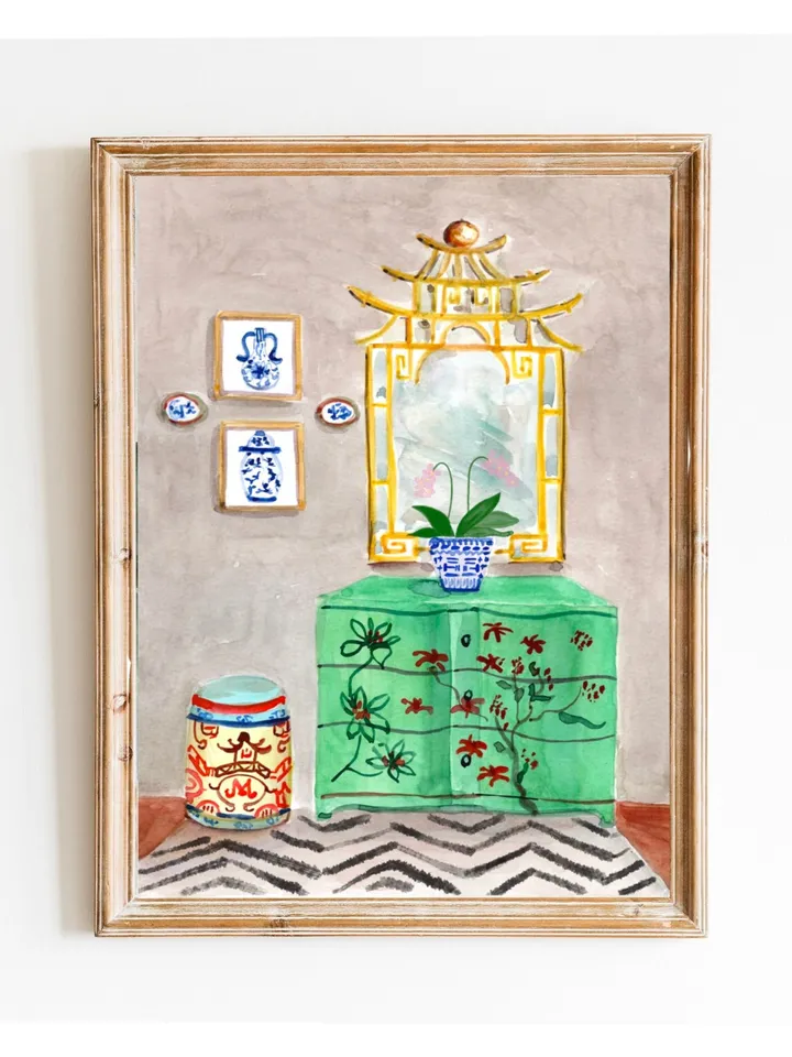 Chinoiserie Decor Watercolor Painting Print Green Chinoiserie Wall Art Painting Of Interior Ginger Jar Impressionist Art Christmas Art Gift