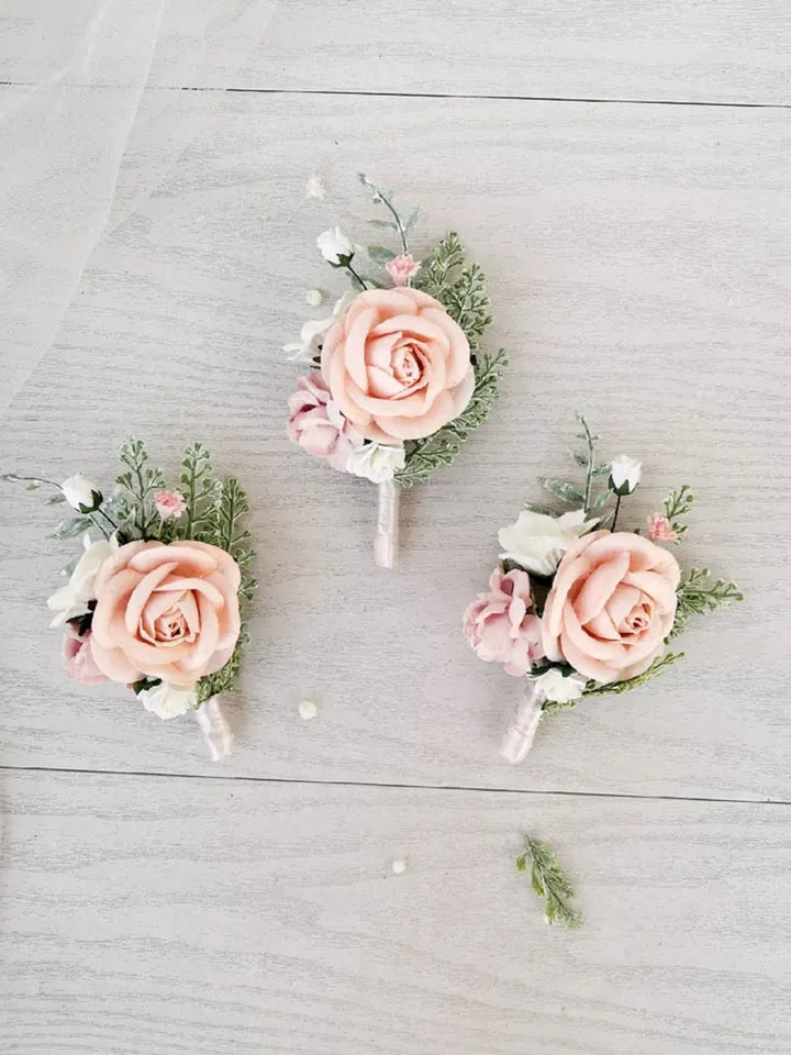 Blush Boutonniere, Blush pink wedding, Silk paper flowers, Rose Boutonniere, Wedding boutonniere for men