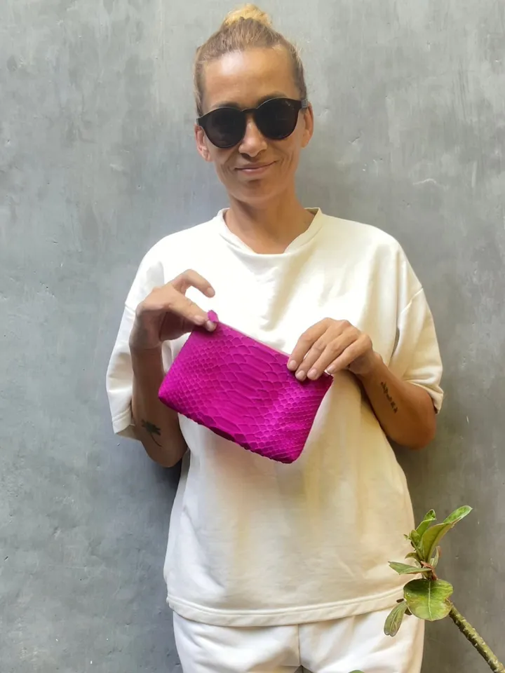 Genuine python skin hot pink cosmetic bag/ Purse Insert Organizer/ Bag Insert For Tote Bag/ exotic leather wallet / small snake skin clutch