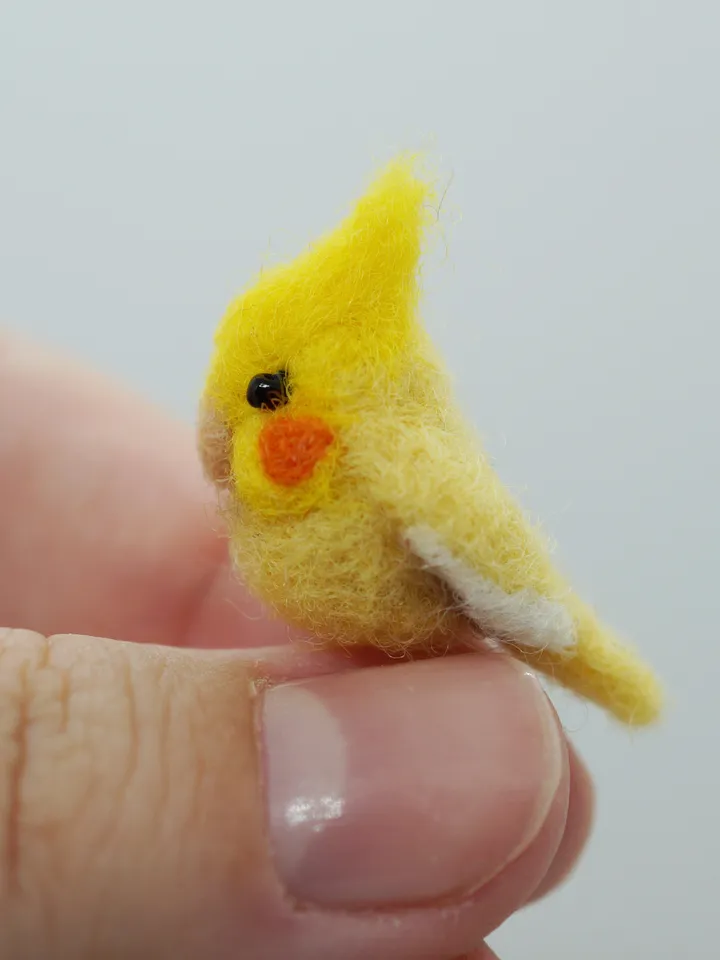 Miniature needle felted yellow cockatiel, tiny pet, cockatiel, made to order