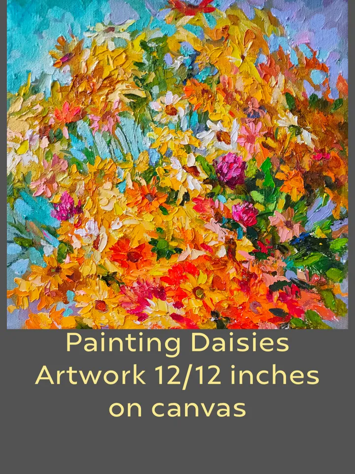 Painting "Daisies" Flowers Artwork Oil Impasto Palette knife Canvas on stretcher 12 by 12 inches Author: Nata_Lena_Art