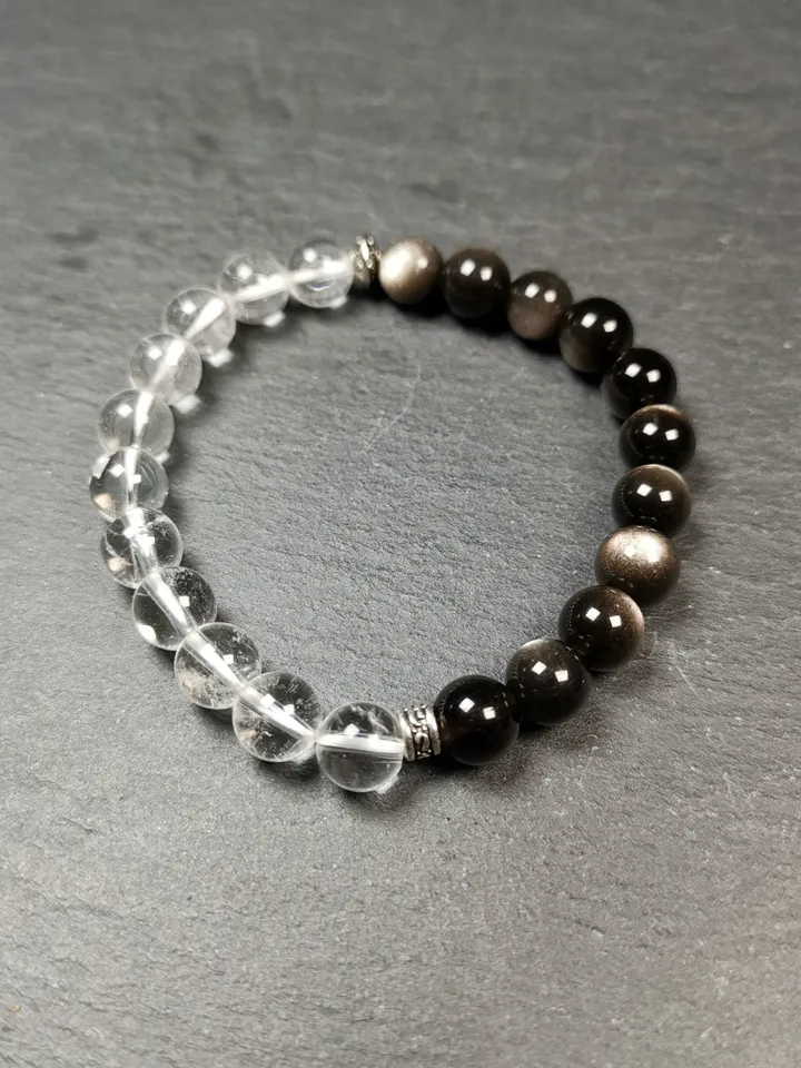 Gandhanra Handmade Tibetan Obsidian + Crystal Wrist Mala, 0.3" Prayer Beads Bracelet,7.5 inches Circumference