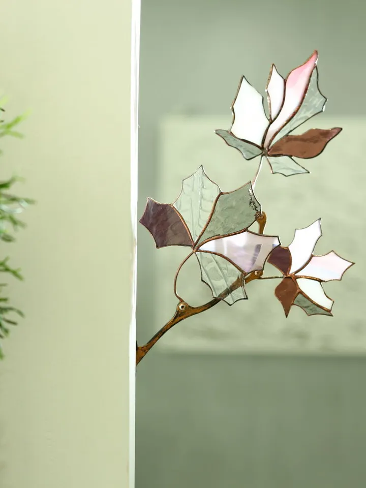 Maple Twig. Tiffany-Style Stained Glass, Tiffany Stained Glass Maple Branch, Decorative Maple Leaf Branch in Tiffany Style, Tiffany-Style Stained Glass Maple Leaf Composition, Handmade Maple Branch in Tiffany Technique