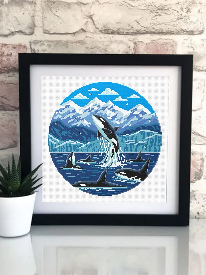 Glacier Bay National Park cross stitch pattern PDF download Killer whale cross stitch chart, Orcas in Alaska, Splashing orca whale art #L71