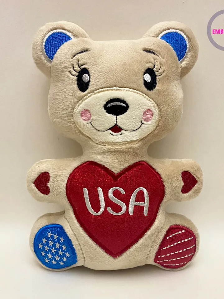 In The Hoop Machine Embroidery design Patriotic USA   American Bear toy soft stuffed ITH Pattern.