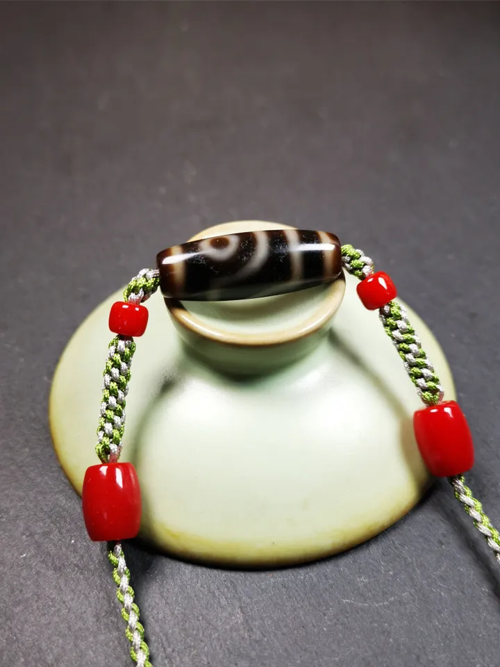 Gandhanra Antique Tibetan 2 Eyed Dzi Bead Necklace, 1.2&quot; x 0.43&quot;, 30 Years Old