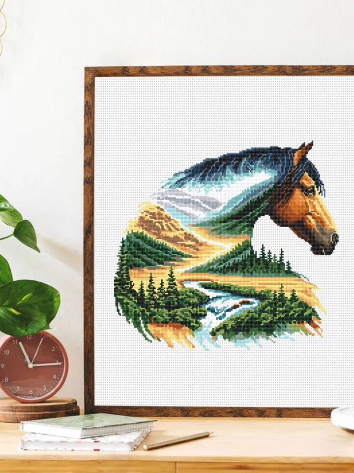 Watercolor horse cross stitch pattern PDF download Nature landscape cross stitch chart, Horse pattern digital PDF, Gift for horse lover #L82