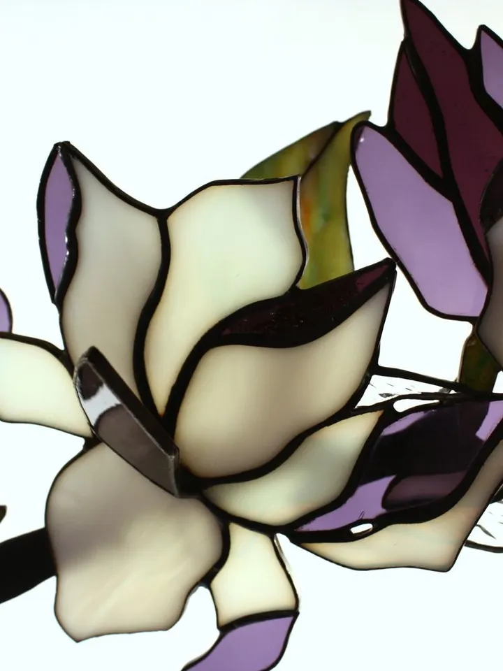 Purple Magnolia Branch. Tiffany-Style Stained Glass (3D Composition), Branch of Purple Magnolias. Tiffany-Style Stained Glass (3D Composition), Purple Magnolia Branch. 3D Tiffany-Style Stained Glass, Tiffany Stained Glass Branch with Purple Magnolias