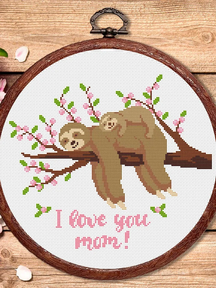 I Love You Mom Cross Stitch Pattern, Mother's day Cross Stitch, Embroidery Sloth, Sloth xStitch, Sloth Pattern, Modern Cross Stitch #anm034