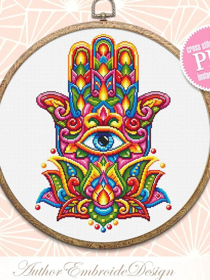 Hamsa hand cross stitch pattern PDF download Lotus flower mandala pattern PDF, Colorful Hand of Fatima cross stitch, Evil eye hamsa #M222