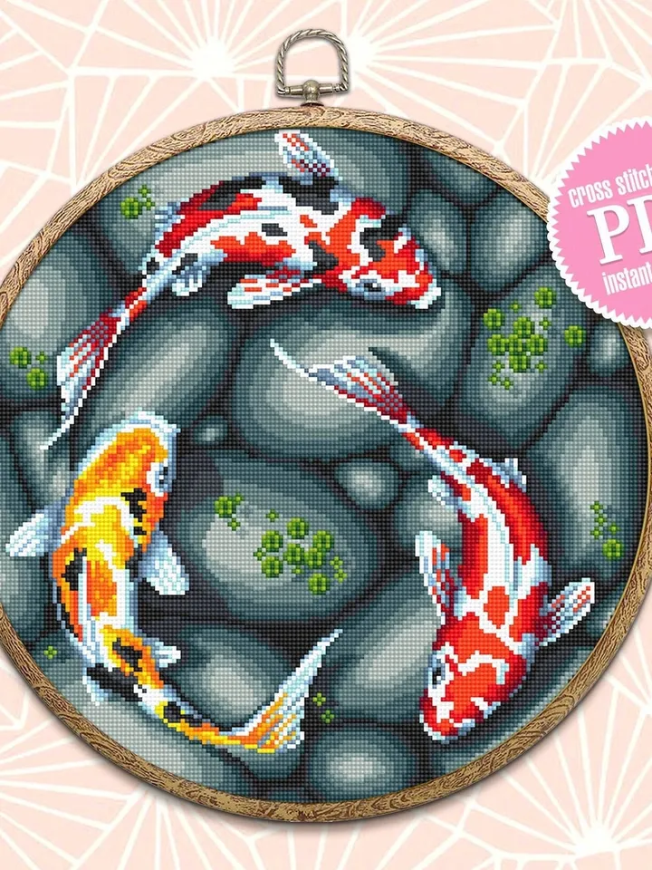 Koi pond cross stitch pattern download PDF, Koi fish cross stitch chart, Fish hand embroidery PDF, Oriental decor, Nature cross stitch #L51