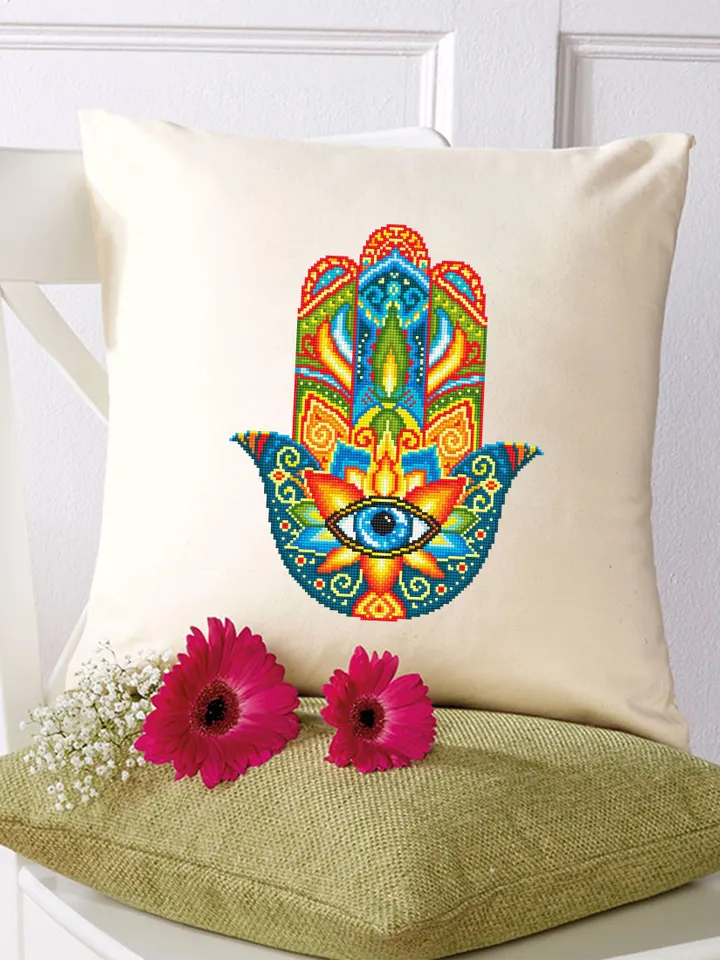 Hamsa hand cross stitch pattern download PDF, Mandala pattern PDF, Colorful Hand of Fatima cross stitch, Evil eye hamsa beginner stitch #M76
