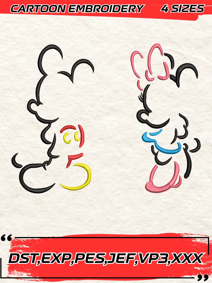 Mickey Mouse & Minnie Mouse Outline Embroidery Design, Machine Embroidery Design File,4 Sizes, Digital Download