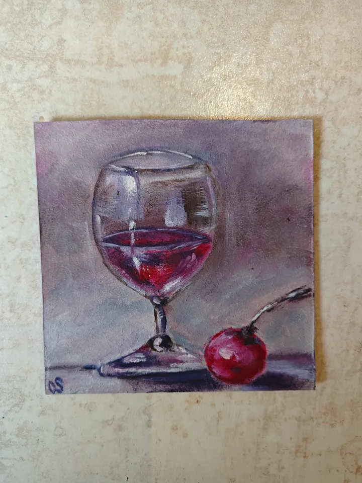 Cherry And Glass Of Red Wine Original Painting Fruit Glass Of Wine Original Art Cherry And Glass Modern Artwork Bright Cherry Glass Wine Oil Painting Cherry Fruit Glass Of Wine Wall Art Decor 5 x 5 inches by OlgaSokolovaArt