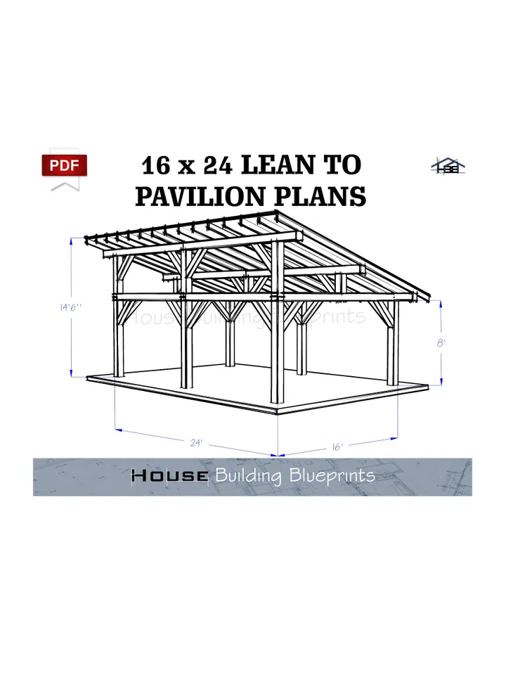 Outdoor 16' x 24' lean to pavilion plans for DIY. Backyard wooden gazebo plans for patio pdf. DIY covered garage plans