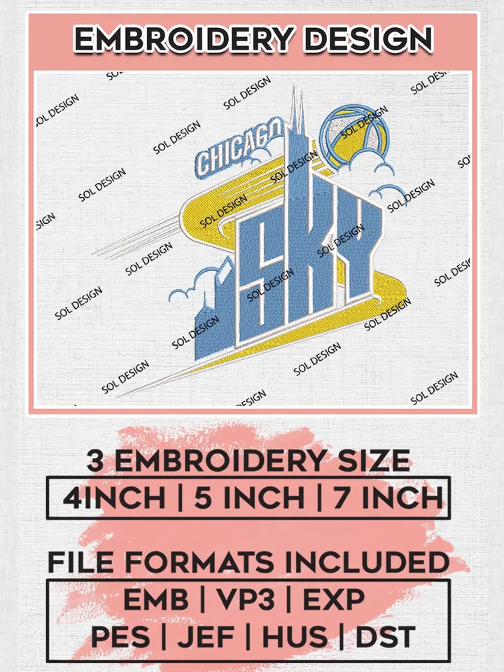 Chicago Sky Logo Embroidery Files, WNBA Chicago Sky Team Embroidery Designs, Basketball Teams, WNBA Machine embroidery designs, Digital Download