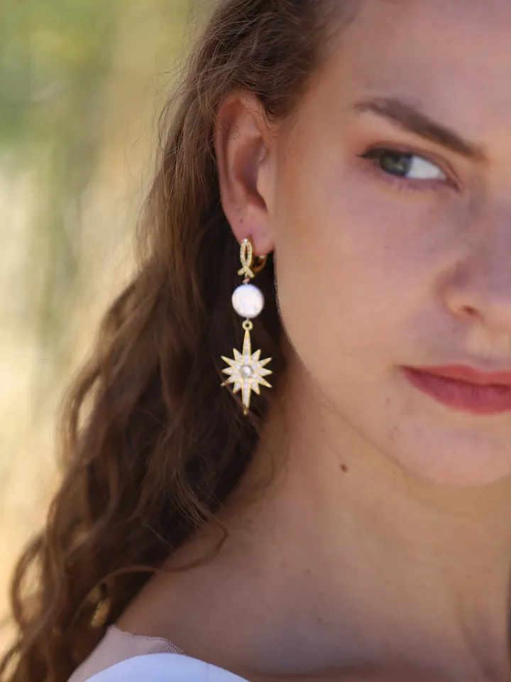 Natural Baroque Pearl Rose Gold Star Long Wedding Earrings, Art Deco Wedding Jewelry For Bride, 1920s Jewelry, Celestial Statement Earrings
