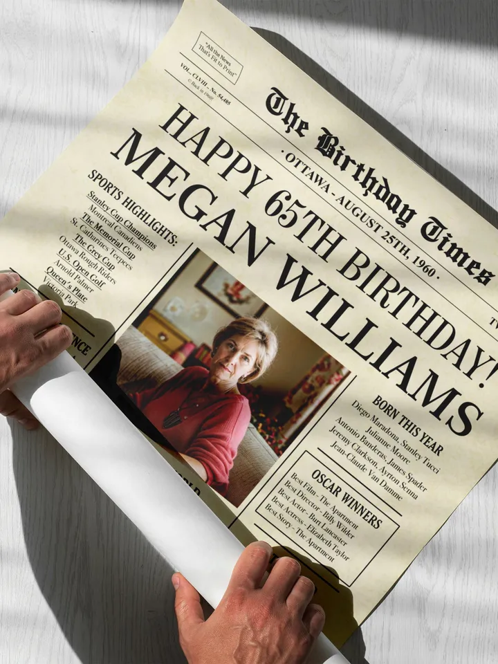 65th Birthday Newspaper Poster 1960 CANADA, 65th Birthday Gift for Men or Women, Personalized 65th Birthday Sign 1960 Canadian Highlights