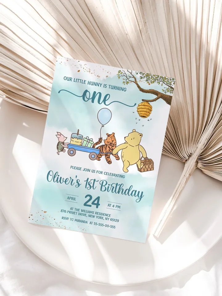 Classic Winnie Pooh Baby Birthday Invitation; Winnie Pooh Baby Birthday ; Greenery Baby Birthday; Honey Bear Birthday; Winnie Pooh wp