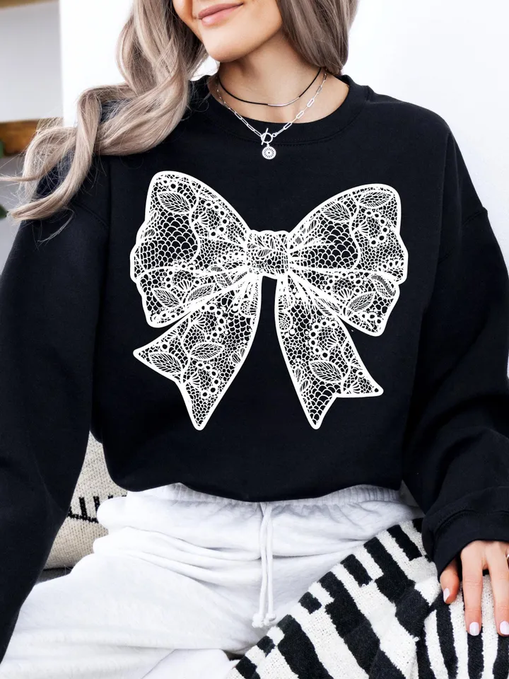 Coquette White Lace Bow PNG Coquette Bow Shirt Design Faux Embroidery Girly Valentines Day PNG Easter PNG Spring Png Mothers Day Girly Png
