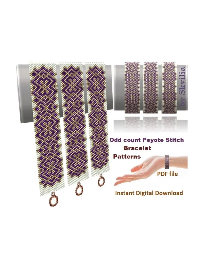 Cuff Bracelet Odd-Count Peyote Stitch Bead Patterns, Miyuki Delica, Czech beads Preciosa, Instant Download