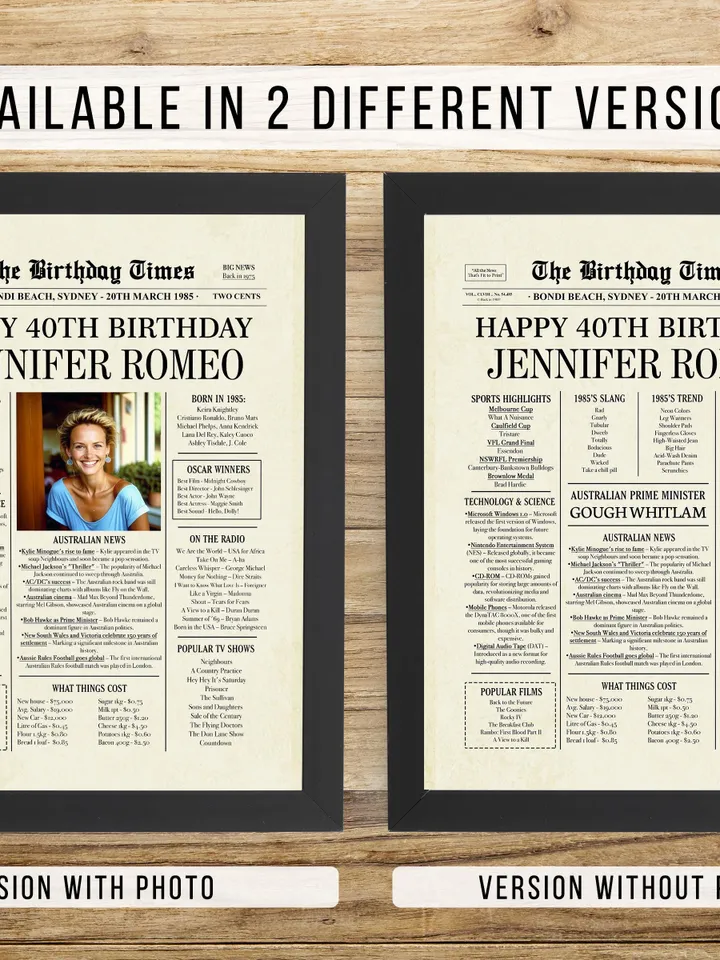 40th birthday gifts for women or men, 40th birthday newspaper poster, 40 year old birthday gift, 1985 birthday gift, back in 1985 australia