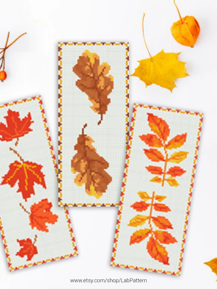 Autumn Leaves 3 Bookmarks Set Cross stitch pattern | Embroidery Pattern | Instant Download | Embroidery Designs