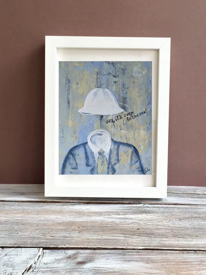 Oil painting man original art men suit with hat invisible man wall art cardboard 10x7 inches