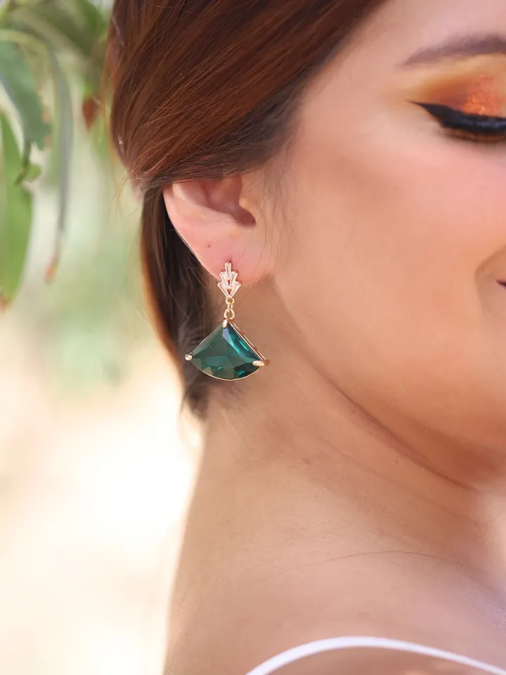 Art Deco Earrings, Statement Earrings, Gold Emerald Green Earrings, Fan Earrings, Statement Earrings, Boho Bridal Earrings, Bridal Jewelry