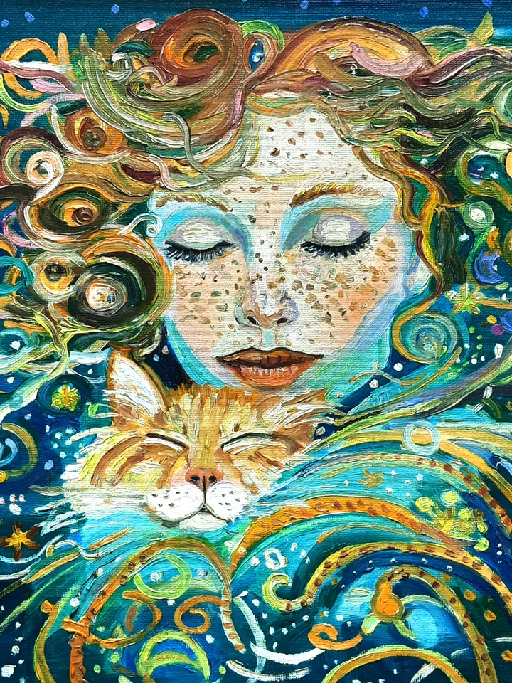 Woman and Red Cat Original Oil Painting Oil on canvas 12*12