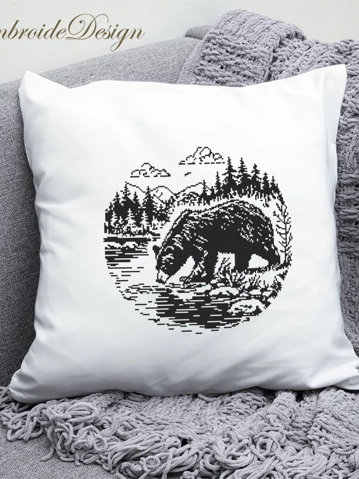 Grizzly bear cross stitch pattern PDF download Bear silhouette cross stitch chart, Monochrome nature pattern digital, Forest landscape #L79