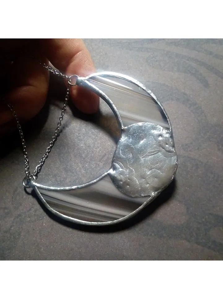 Stained glass moon, Moon Goddess, Moon phase necklace, Stainglass crescent, Full moon pendant, Moon face necklace