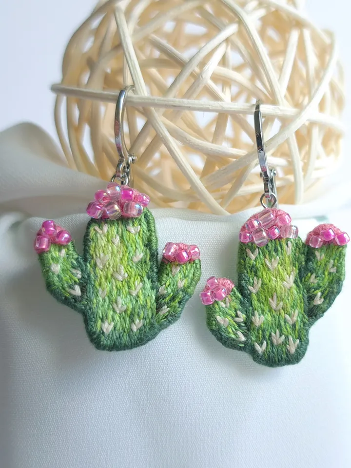 Embroidered Cactus Earrings, Handmade Unique Jewelry, Whimsical Handcrafted Gift, Quirky Jewelry Accessory, Original Gift for Her, Boho Design