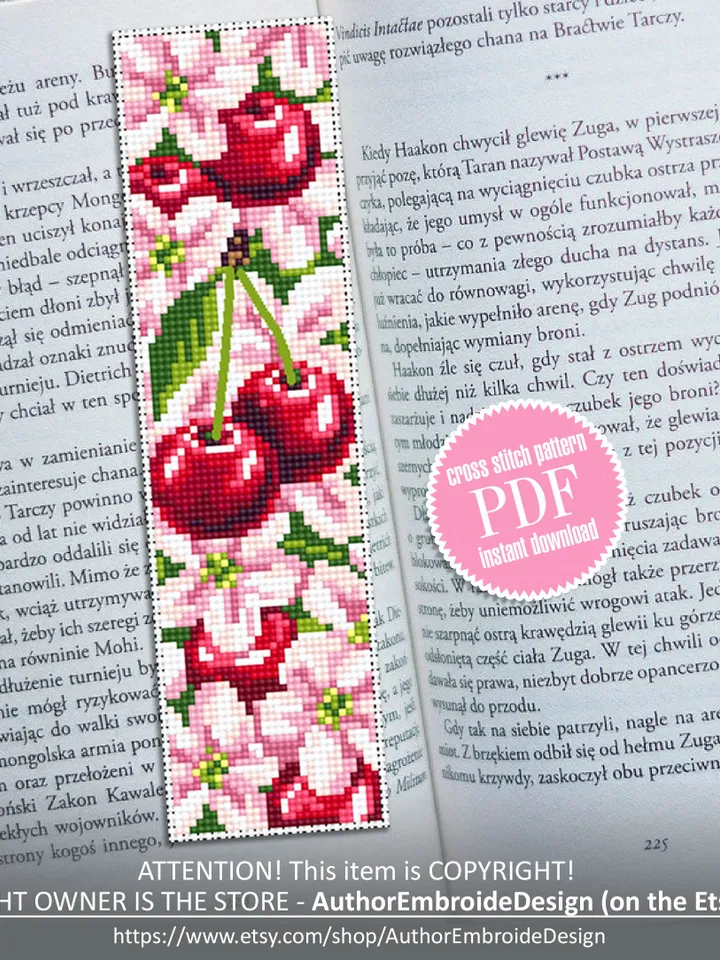 Сherry blossom bookmark cross stitch pattern PDF download Floral bookmark pattern, Cherry berries, Spring embroidery PDF Sakura flower #B145