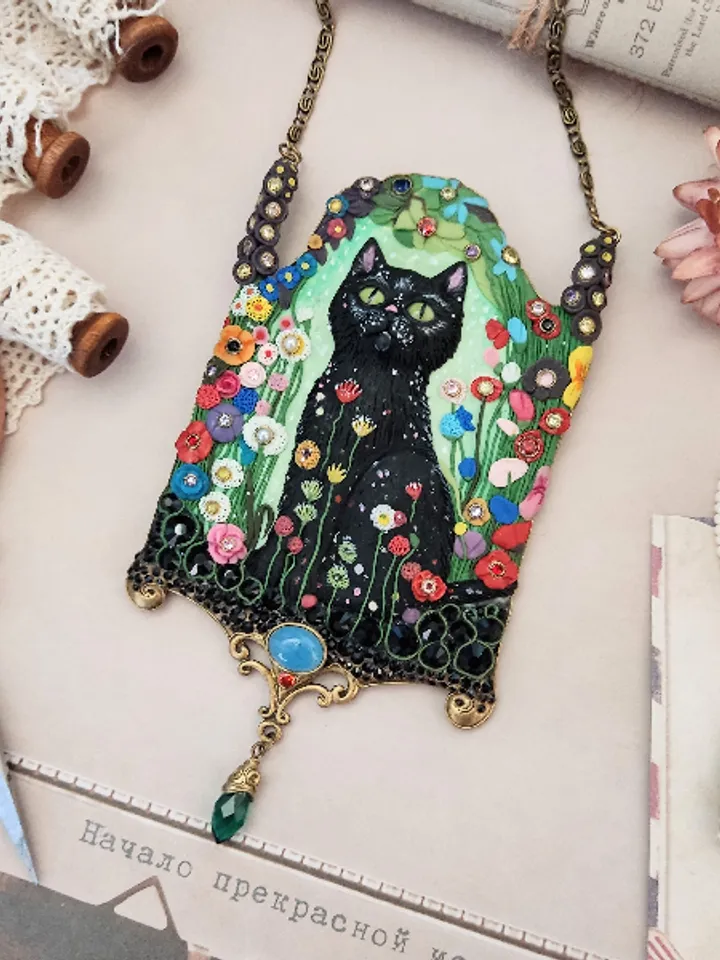 Necklace "Garden cat", cat pendant, necklace with stones, unusual necklace