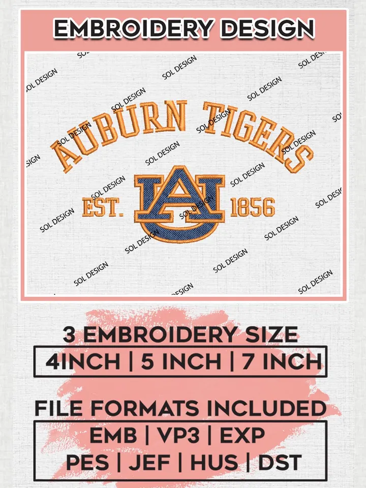 Auburn Tigers Est 1856 Logo Embroidery Designs, NCAA Auburn Tigers Team Embroidery, NCAA Team Logo, 3 sizes, Machine embroidery Files, Digital Download