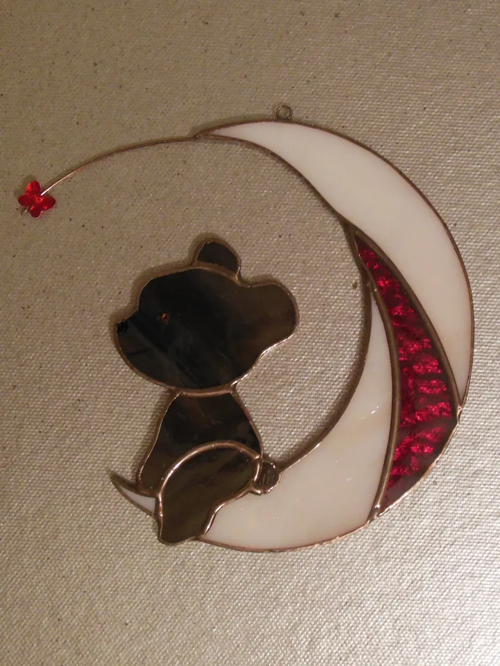 Bear on Moon with Butterfly . Swarovski Сrystal .  Stained glass window hanging Suncacher