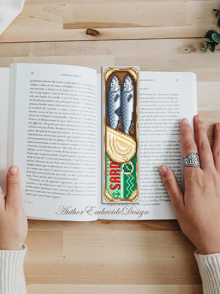 Sardine bookmark cross stitch pattern PDF download Canned sardines cross stitch chart, Funny bookmark pattern digital PDF, Small fish #B437