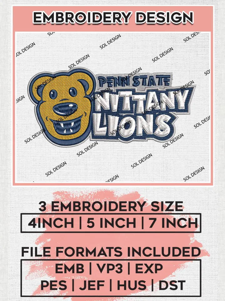 NCAA Penn State Nittany Lions Team Funny Logo Embroidery Design Files, NCAA Penn State Nittany Lions Machine Embroidery, NCAA Teams, 3 sizes, NCAA Machine embroidery designs, Digital Download
