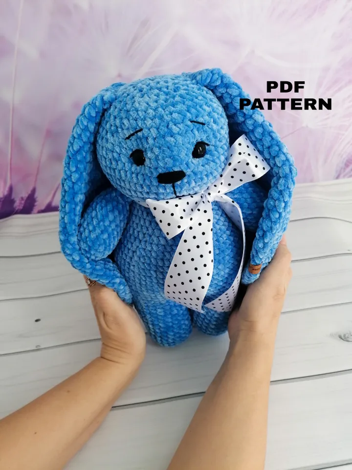 pattern, crocheted plush bunny, blue