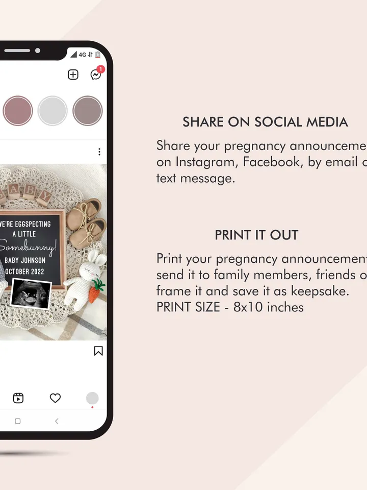Easter Pregnancy Announcement Digital, Bunny Baby Announcement for Social Media, Editable Template