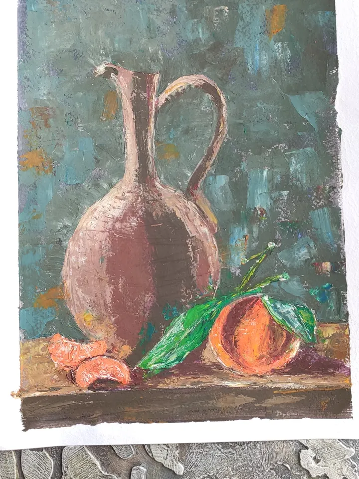 Jug with tangerines still life oil oil paper palette knife