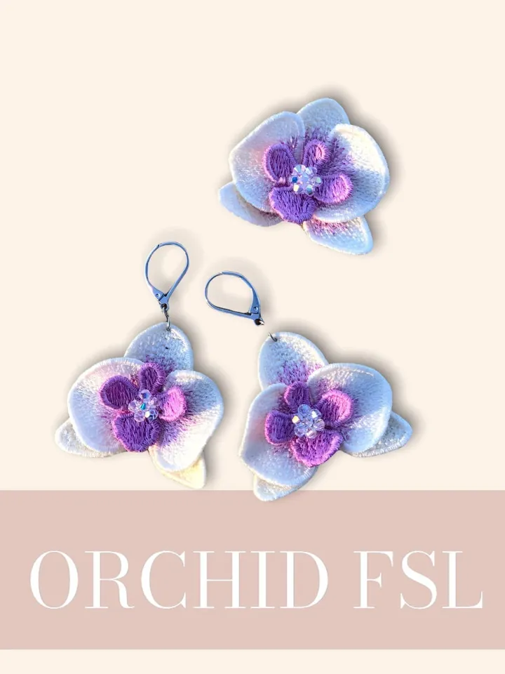 Orchid FSL machine embroidery designs Free standing lace embroidery pattern 3D flower embroidery motif Flower FSL embroidery Earrings FSL