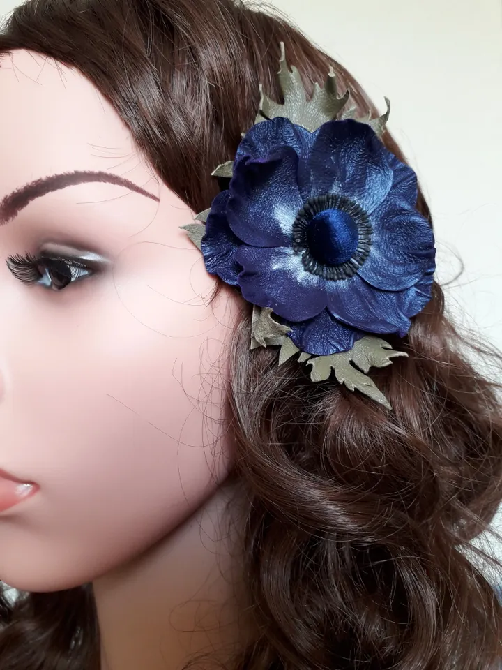 Dark blue leather brooch for her, Leather women's jewelry