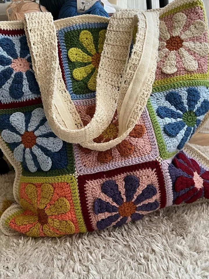 Crochet pattern daisy 3D retro flower granny square crochet pattern easy motif granny square blanket square