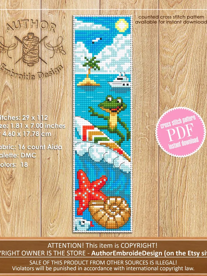 Beach bookmarks cross stitch pattern PDF download Funny frog cross stitch chart Summer bookmark set pattern digital PDF Beach vacation #B456