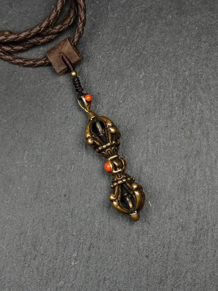 Tibetan Vajra Dorje Amulet - Antique Brass Buddha Protective Charm Inlaid with Agate | 2.0 Inches | Spiritual Gift from Tibet